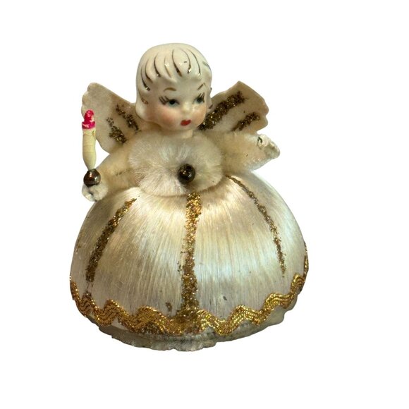 Vintage Japan Ceramic Angel Figurine White Satin Body & Gold Brocade Trim 3" - Picture 1 of 6